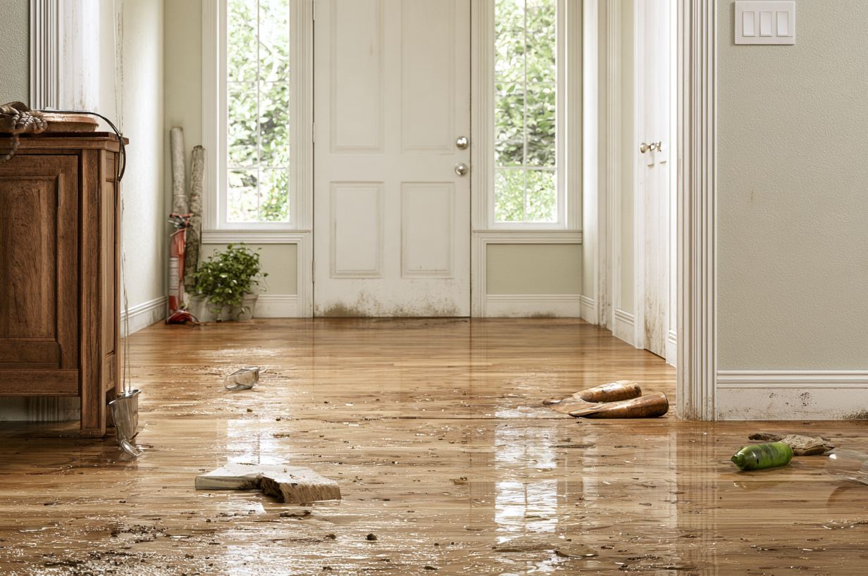 Muddy floodwater and debris covering a hardwood entryway floor