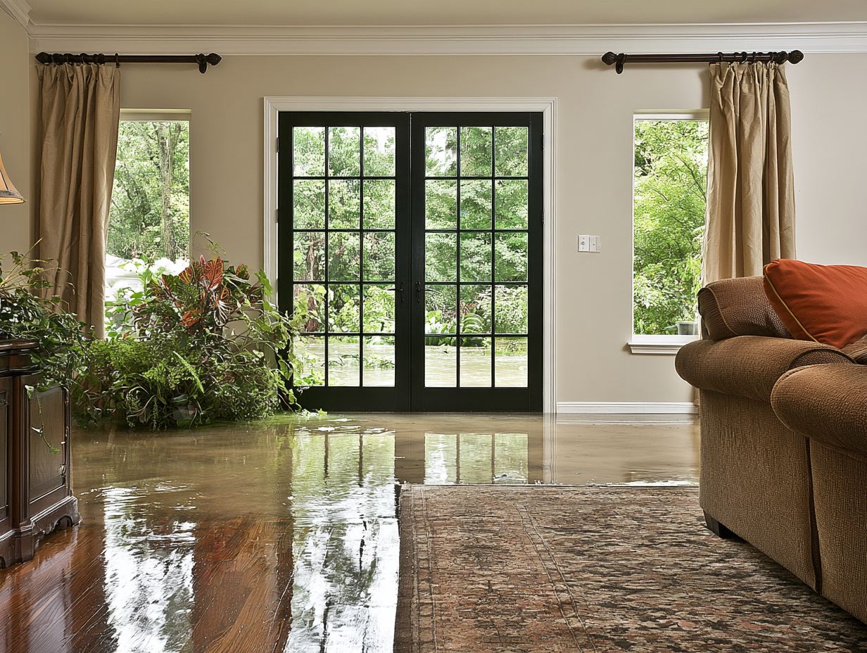 Standing water across a living room floor in front of glass patio doors